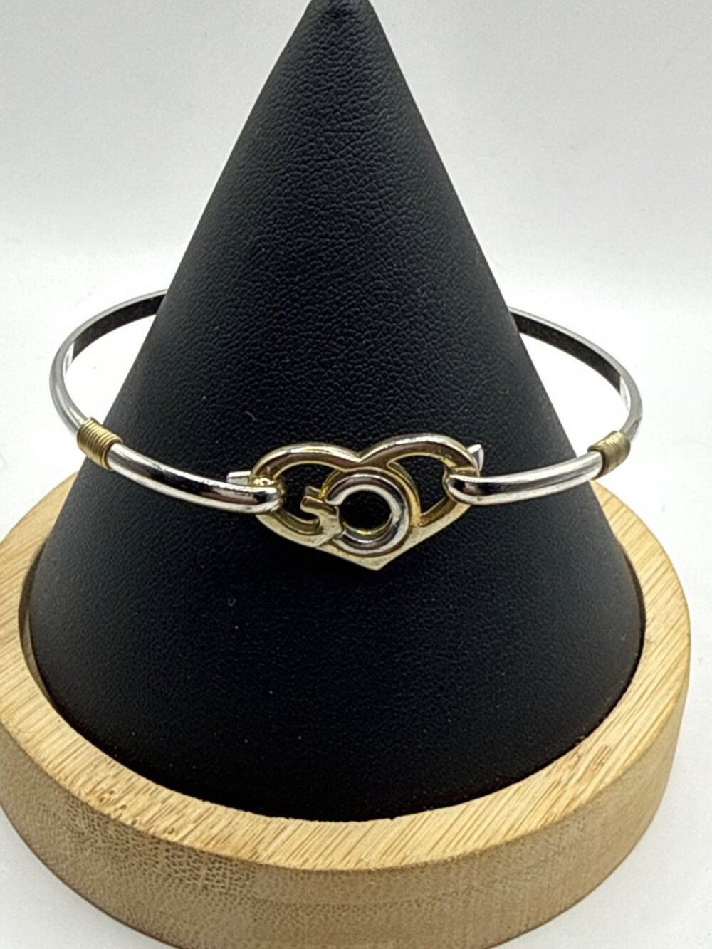 Vintage Y2K Two Tone Heart Clasp Hook Bangle Bracelet Chunky Mixed Metal Aesthet